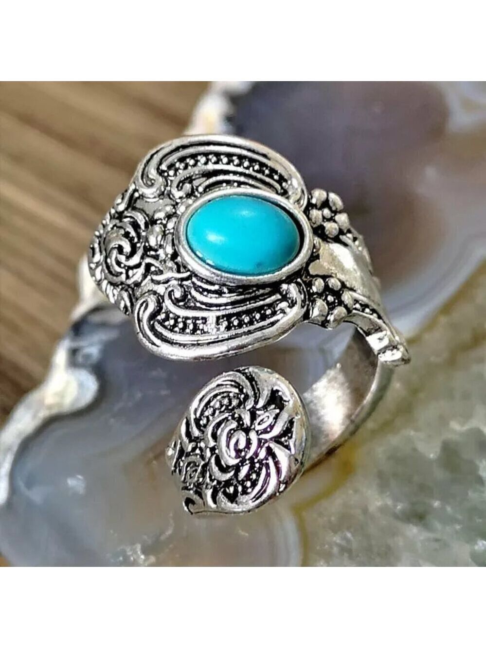 Boho Rose and Flowers with Faux Turquoise Adjustable Spoon Ring #1221 - Picture 14 of 16